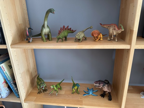 Verschiedene Dinofiguren stehen im Regal. 