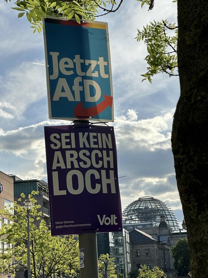 Ein Wahlplakat der fckafd - darunter „Sei kein Arschloch“ von Volt. Im Hintergrund die Reichstagskuppel ❤️