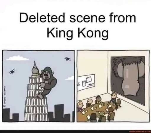 Man sieht eine kleine Karikatur. Einen gezeichneten Ausschnitt aus King Kong. Der riesige Affe hängt am Wolkenkratzer. In einem zweiten Bild sieht man ein Meeting in einem der Räume des Wolkenkratzers. Vor dem Fenster baumelt der riesige Penis des Gorillas.