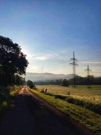 Ein Feldweg führt geradeaus etwa gegen die aufgehende Sonne. Im Morgendunst erkennt man zwei Strommasten und im Hintergrund auf einem Hügel Windräder. 