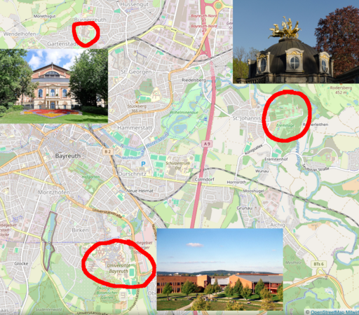 Stadtplan von Bayreuth mit eingefügten Fotos des Festspielhauses, des 