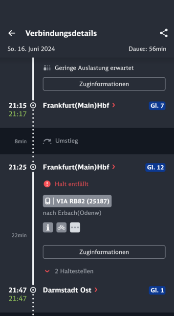 Fahrplan von Frankfurt Süd nach Darmstadt Ost mit gestrichenem halt in Frankfurt HBF.