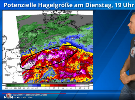 Wetterkarte mit einem großen Hagelband über der Mitte Deutschlands, insbesondere nördlich der Main-Linie