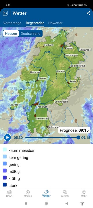 Wetterkarte Hessen mit Regenfrontprognose 9:15 Uhr