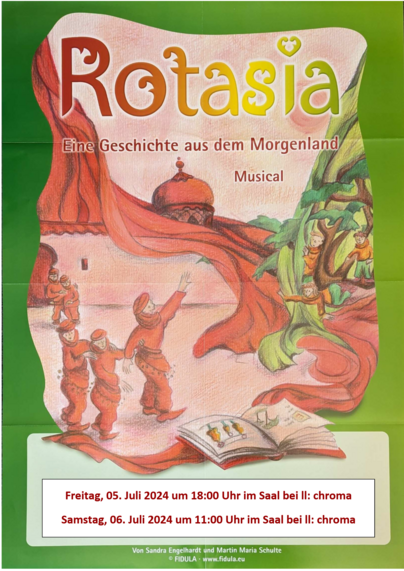 #Fuldatal #chroma 

Rotasia - Eine Geschichte aus dem Morgenland - Musical

Freitag, 05. Juli 2024 um 18:00 Uhr im Saal bei ll: chroma 
Samstag, 06. Juli 2024 um 11:00 Uhr im Saal bei ll: chroma