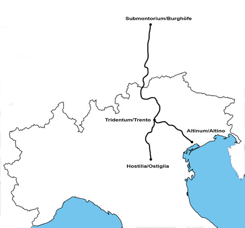 Schematische Landkarte mit Verlauf der gesuchten Römerstraße über die Alpen