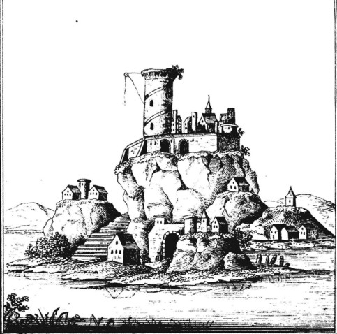 Ehemalige Burg auf dem gesuchten Felsen (nach einer uralten Originalzeichnung)