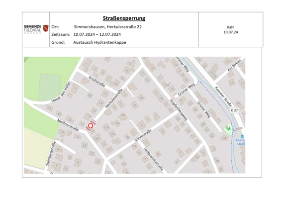 #Strassensperrung #Vollsperrung #Fuldatal 

Ort: Simmershausen, Herkulesstraße 
Zeitraum: 10.07.2024 – 12.07.2024 
Grund: Austausch Hydrantenkappe 

https://www.fuldatal.de/rathaus-politik/aktuelles/strassensperrungen/