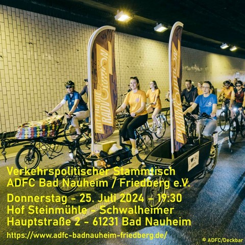 Verkehrspolitischer Stammtisch
ADFC Bad Nauheim / Friedberg e.V.

Do. - 25. Juli 2024 – 19:30
Hof Steinmühle  - Schwalheimer Hauptstraße 2  - 61231 Bad Nauheim
