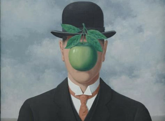 Screenshot von Gemälde „the son of men“ von René Magritte
Mann im Anzug und Hut, vor seinem Gesicht ein grüner Apfel