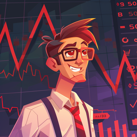 KI-generierter Cartoon eines verschämt lächelnden Börsenbrokers vor einer dicken, roten, nach unten zackenden Börsenkurve