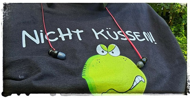 T-Shirt mit der Aufschrift „nicht küssen“ und einem sehr unfreundlich schauendem Froschgesicht darunter.