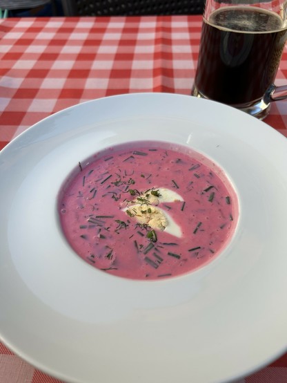 Vorspeise: „Chłodnik“ eine traditionelle Rote-Beete-Suppe, die kalt serviert wird. Sehr lecker.