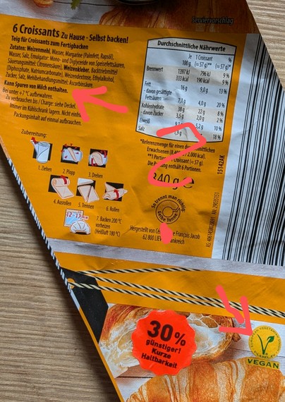 Verpackung Wonnemeyer Croissants Teigrolle mir vegan Label und Hinweis kann Spuren von Milch enthalten