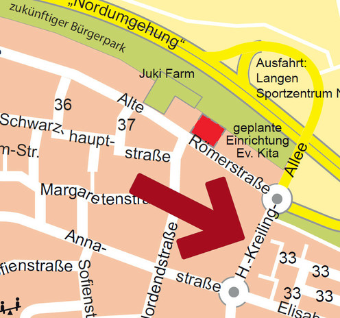 zu sehen ist ein Ausschnitt des Langener Stadtplans mit einem Pfeil auf den Baustellenabschnitt an der Hans-Kreiling-Allee
