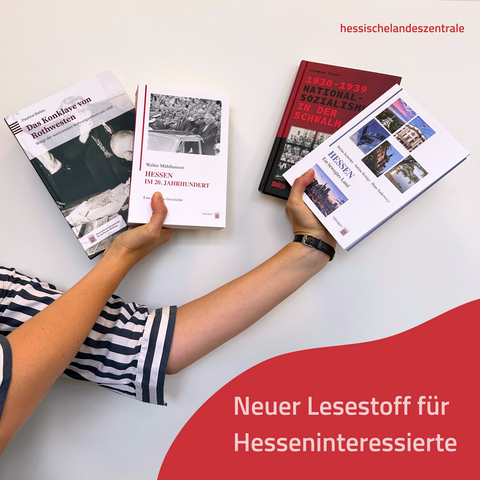 Anzeigebild: zwei Hände halten vier Bücher mit Hessenbezug ins Bild. Unten rechts in der Ecke Schriftzug: 