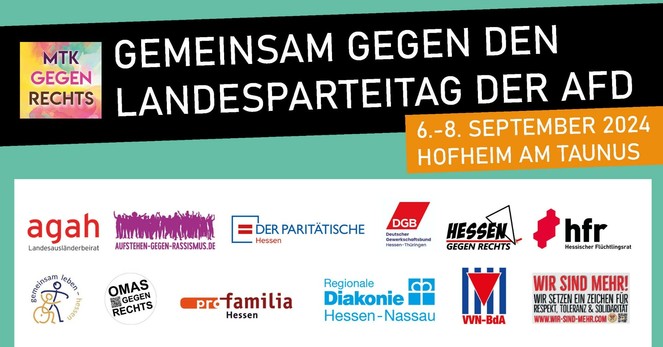 gemeinsam gegen den Landesparteitag der AfD . Hofheim (Ts.), 06.-08. September. Aktionswochenende.