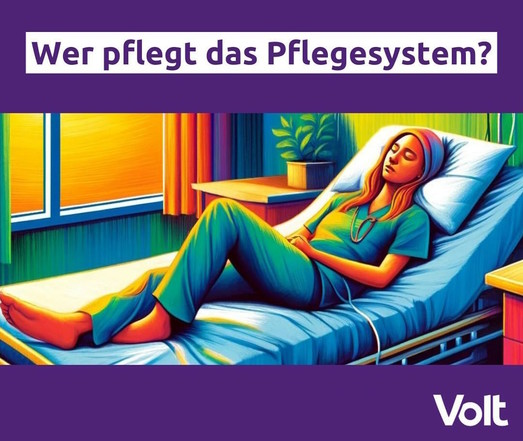 Erschöpfte Mitarbeiterin des Gesundheitssystems, die selbst in einem Krankenhausbett liegt. Überschrift: 