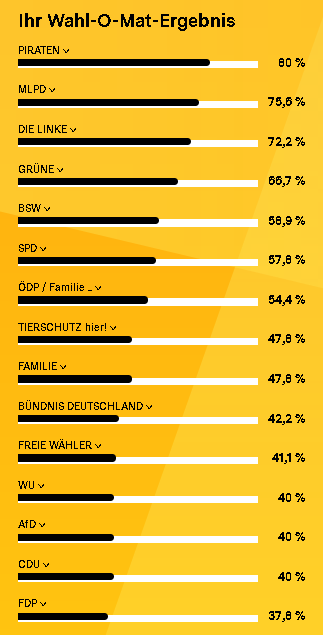 Wahlomat-Ergebnis Thüringen.
Piraten ganz oben mit 80%
FDP ganz unten mit 37,8%.