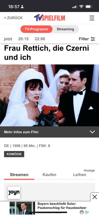 Programmhinweis - Heute Abend auf Joyn in der Empfehlung: „Frau Rettich, die Czerni und ich“, Komödie aus 1998. 