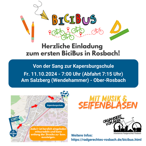 Zum Start in die Herbstferien startet in Rosbach v.d.H der erster Wetterauer BiciBus.

Von der Sang zur Kapersburgschule.

Fr. 11.Oktober 2024 - 7:00