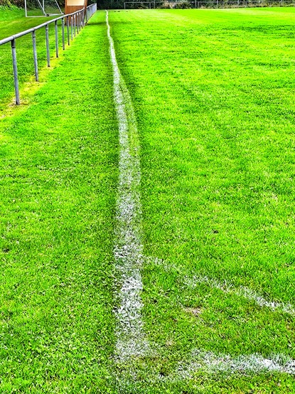 Die weiße Seitenlinie auf dem Fußballplatz ist schief und krumm. 