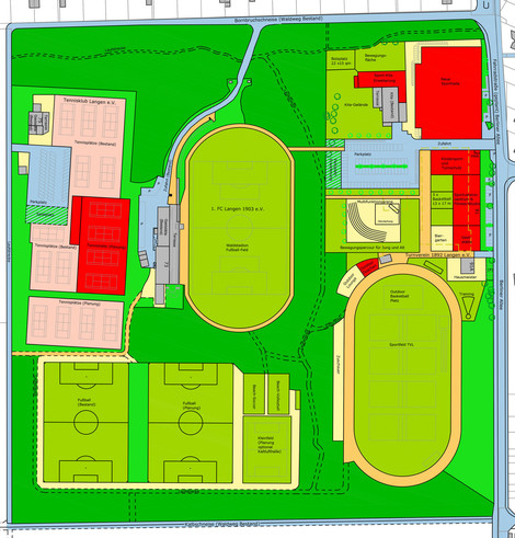 Zu sehen ist die Planskizze für den Sportpark Oberlinden mit allen eingezeichneten Sportflächen. 