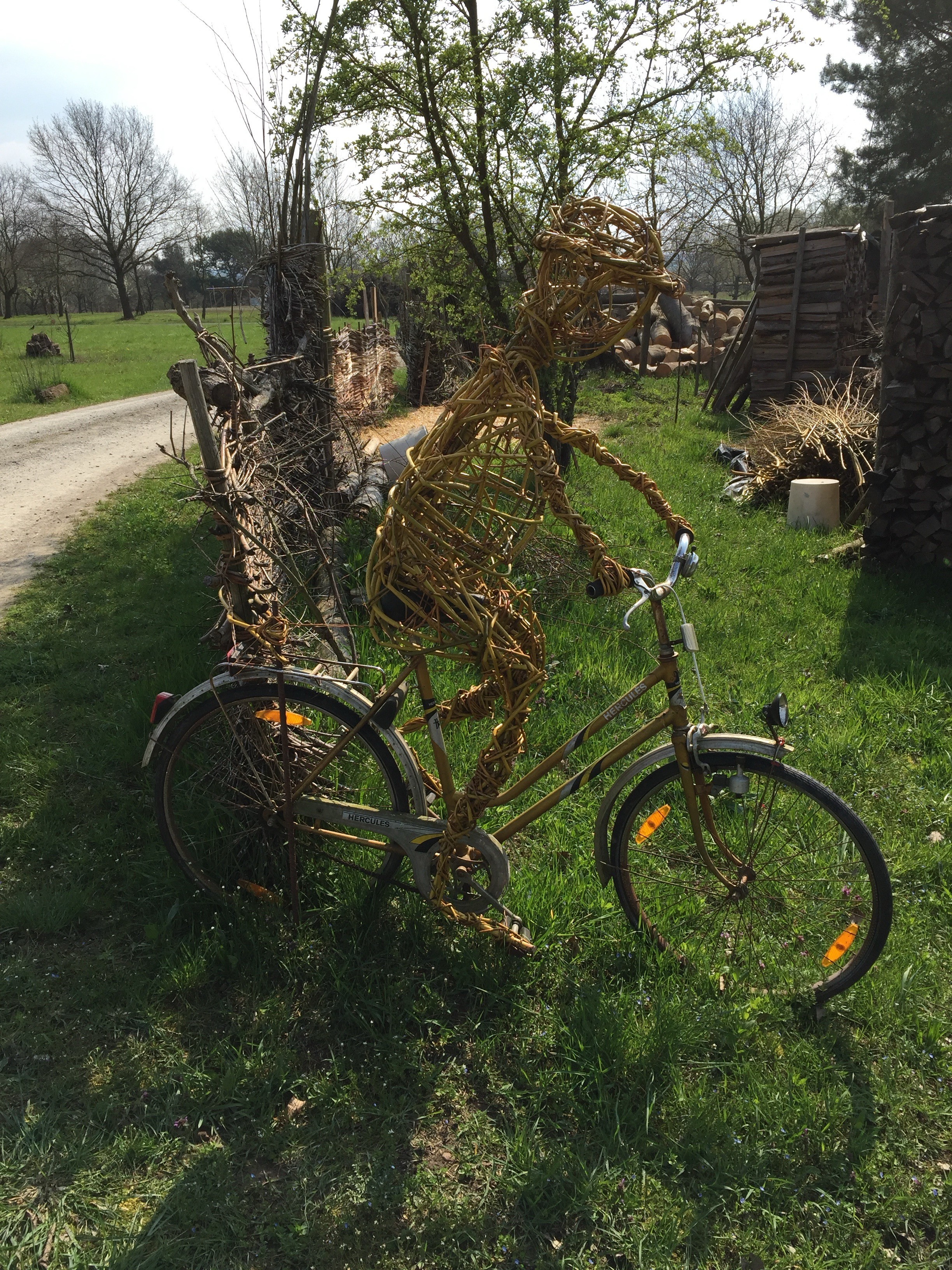 Eine skurrile Skulptur einer Person aus Zweigen sitzt auf einem Fahrrad, umgeben von Grün und rustikalen Zäunen entlang eines Feldweges. Die Szene fängt einen sonnigen Tag mit Bäumen im Hintergrund ein.