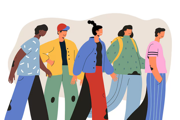 beispiel eines "flat people" designs

man sieht fünf stilisierte menschen ohne gesichter in bunter kleidung