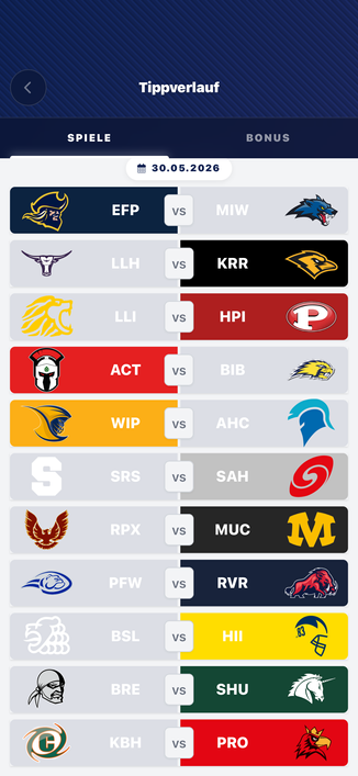Ein Screenshot zeigt den Tippverlauf der [RDZN]-App für den 30.05.2026. Die App listet die Spiele der GFL und GFL2 mit den jeweiligen Team-Logos und einem „vs“-Zeichen dazwischen auf. Die Siehertipps sind farblich hervorgehoben:

- EFP (W) vs MIW
- LLH vs KRR (W)
- LLI vs HPI (W)
- ACT (W) vs BIB
- WIP (W) vs AHC
- SRS vs SAH (W)
- RPX vs MUC (W)
- PFW vs RVR (W)
- BSL vs HII (W)
- BRE vs SHU (W)
- KBH vs PRO (W)