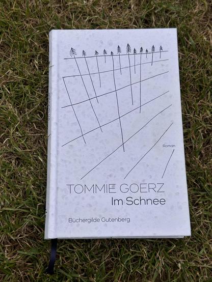 Ein Buch mit dem Titel „Im Schnee“von „Tommie Goerz“ liegt auf einer grasbewachsenen Fläche. Das Cover ist weiß mit einer minimalistischen, abstrakten Zeichnung aus schwarzen Linien, die Bäume und eine Landschaft darstellen könnten. Unter dem Titel steht der Name der „Büchergilde Gutenberg“. Am oberen rechten Rand des Covers ist das Wort „Roman“ zu lesen.