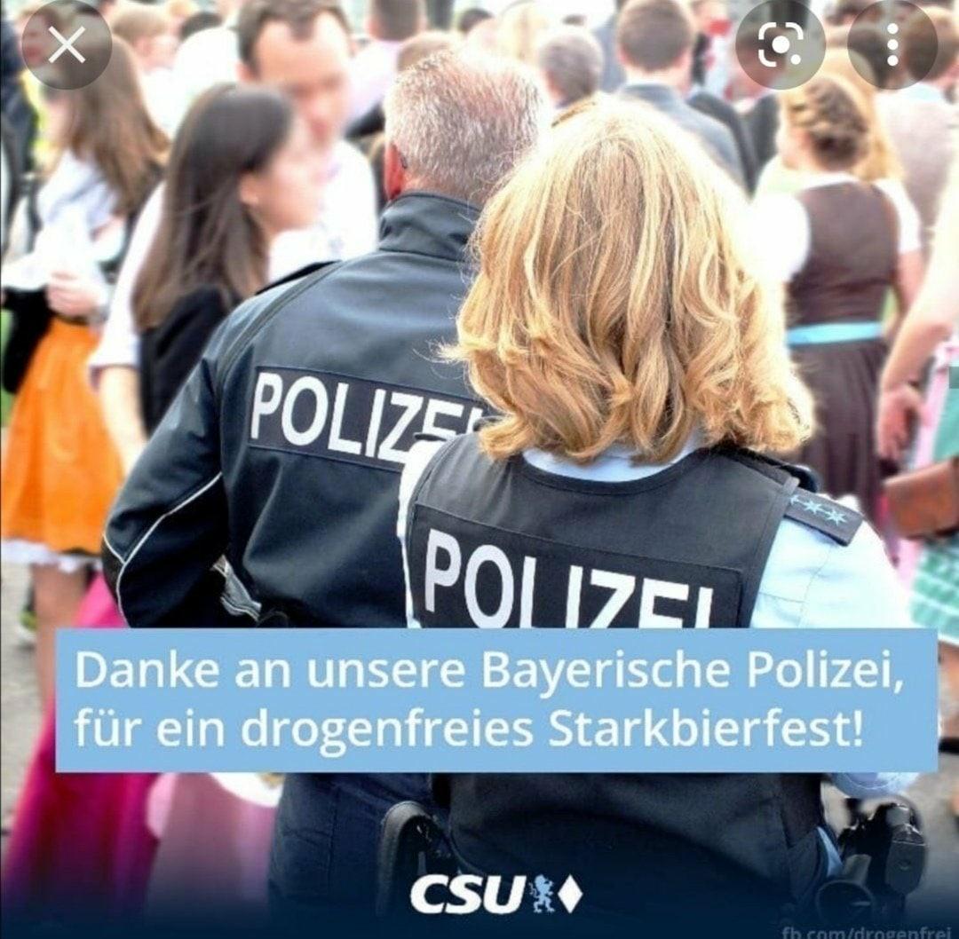 Sharepic der CSU. Zwei Polizist:innen mit dem Rücken zur Kamera. Vor ihnen Menschen auf einem Volksfest. Dazu der Satz "Danke an unsere bayerische Polizei, für ein drogenfreies Starkbierfest!"