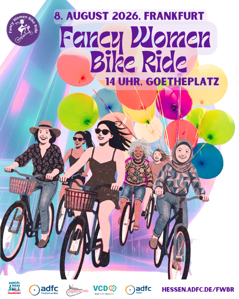 Zeichnung verschiedner weiblicher Menschen auf Fahrrädern mit Luftballons