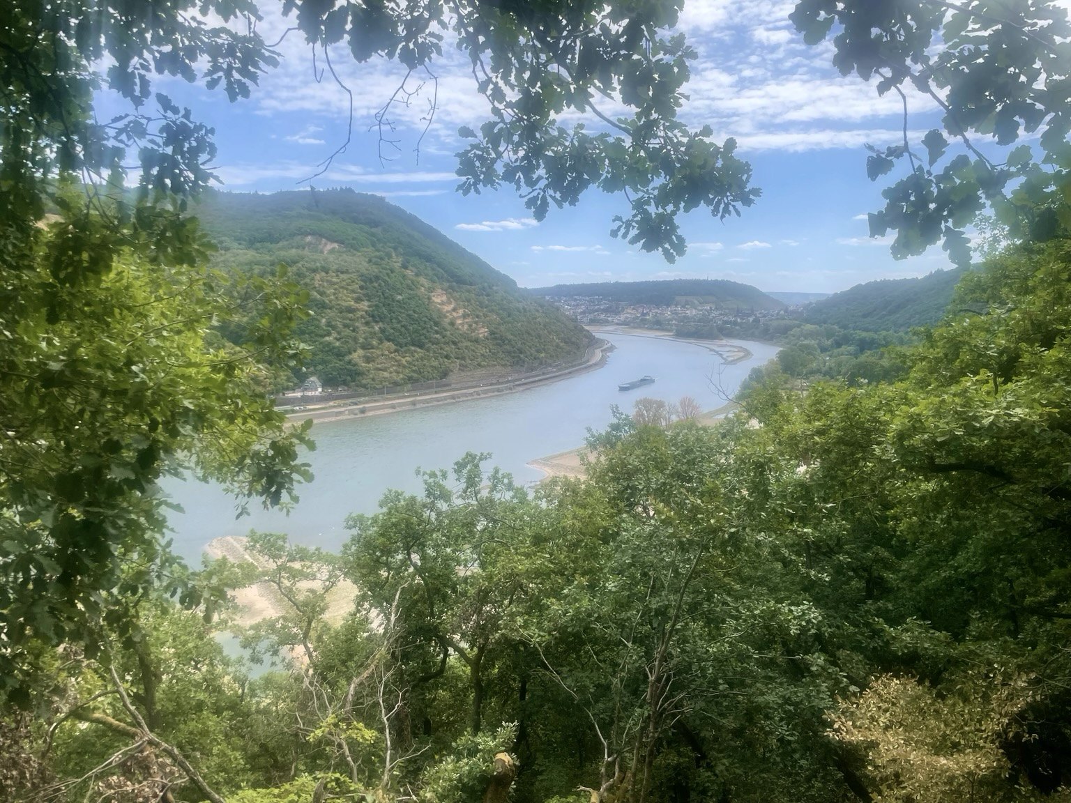 Farbiges Querformat. Blick auf einen breiten Fluss von einem bewaldeten Berg aus.
