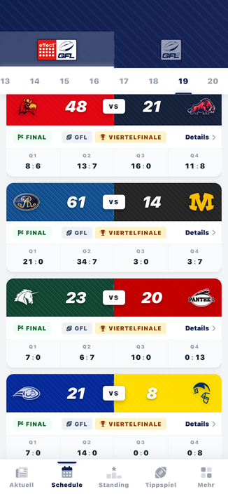 Screenshot aus der [RDZN] App. 

Eine Übersicht der Viertelfinal-Ergebnisse der German Football League (GFL) mit vier Spielen:

1. Spiel:  #PROvsRVR
- Ergebnis: 48 : 21
- Quarter-Ergebnisse:
- Q1: 8 : 6
- Q2: 13 : 7
- Q3: 16 : 0
- Q4: 11 : 8
2. Spiel: #DDMvsMUC
- Ergebnis: 61 : 14
- Quarter-Ergebnisse:
- Q1: 21 : 0
- Q2: 34 : 7
- Q3: 3 : 0
- Q4: 3 : 7
3. Spiel: #SHUvsDPA
- Ergebnis: 23 : 20
- Quarter-Ergebnisse:
- Q1: 7 : 0
- Q2: 6 : 7
- Q3: 10 : 0
- Q4: 0 : 13
4. Spiel: #PFWvsHII
- Ergebnis: 2…