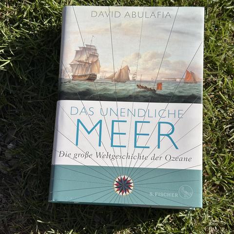 Ein Buch mit dem Titel „Das unendliche Meer“ von David Abulafia liegt auf einem grünen Rasen.
- Titel: „Das unendliche Meer“, Untertitel „Die große Weltgeschichte der Ozeane“.
- Cover: Eine Illustration von mehreren Segelschiffen auf einem stürmischen Meer.
- Farben: Vorwiegend Blau, Weiß und Beige.
- Umgebung: Nur der grüne Rasen im Hintergrund, keine Personen oder weiteren Gegenstände.
Die Stimmung wirkt ruhig und natürlich – wie eine Lektüre im Freien.