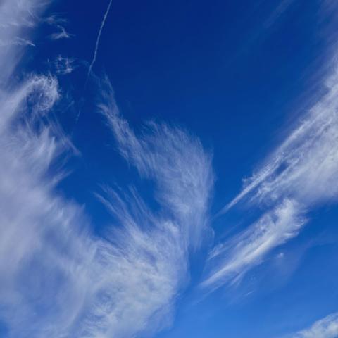 Ein klarer, tiefblauer Himmel mit einigen dünnen, weißlichen Cirruswolken, die sich in verschiedene Richtungen ausbreiten.